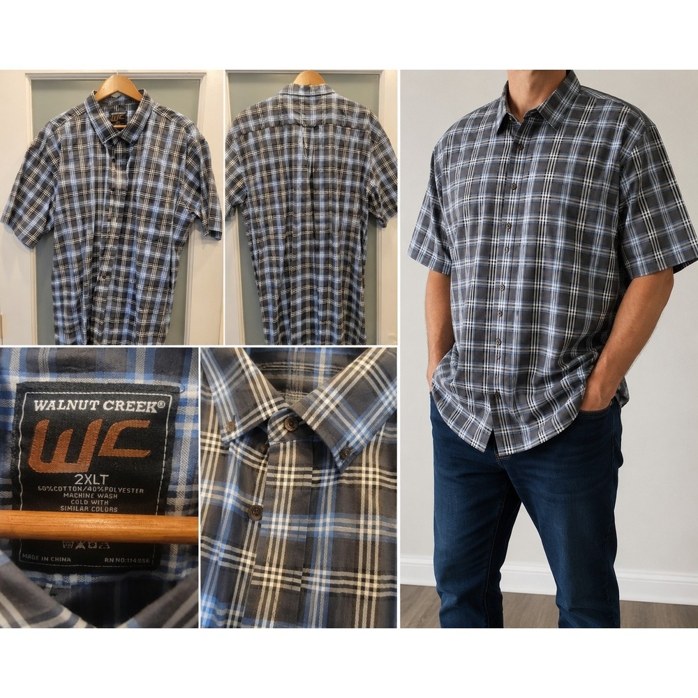Walnut Creek Men's 2XLT Blue Gray Plaid Button Front Short Sleeve Shirt Tall